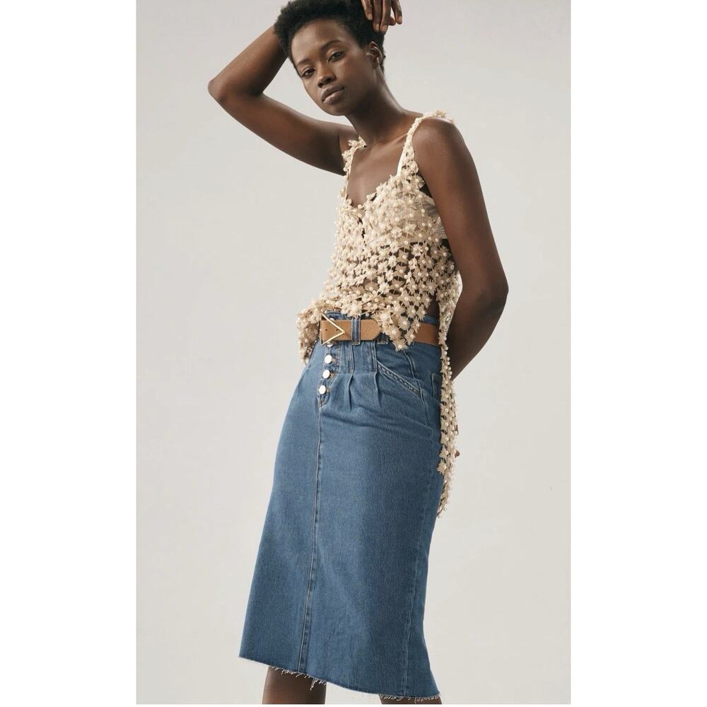 Anthropologie Pilcro Denim Midi Skirt Exposed Button Bottom Slit Pleated Size 6